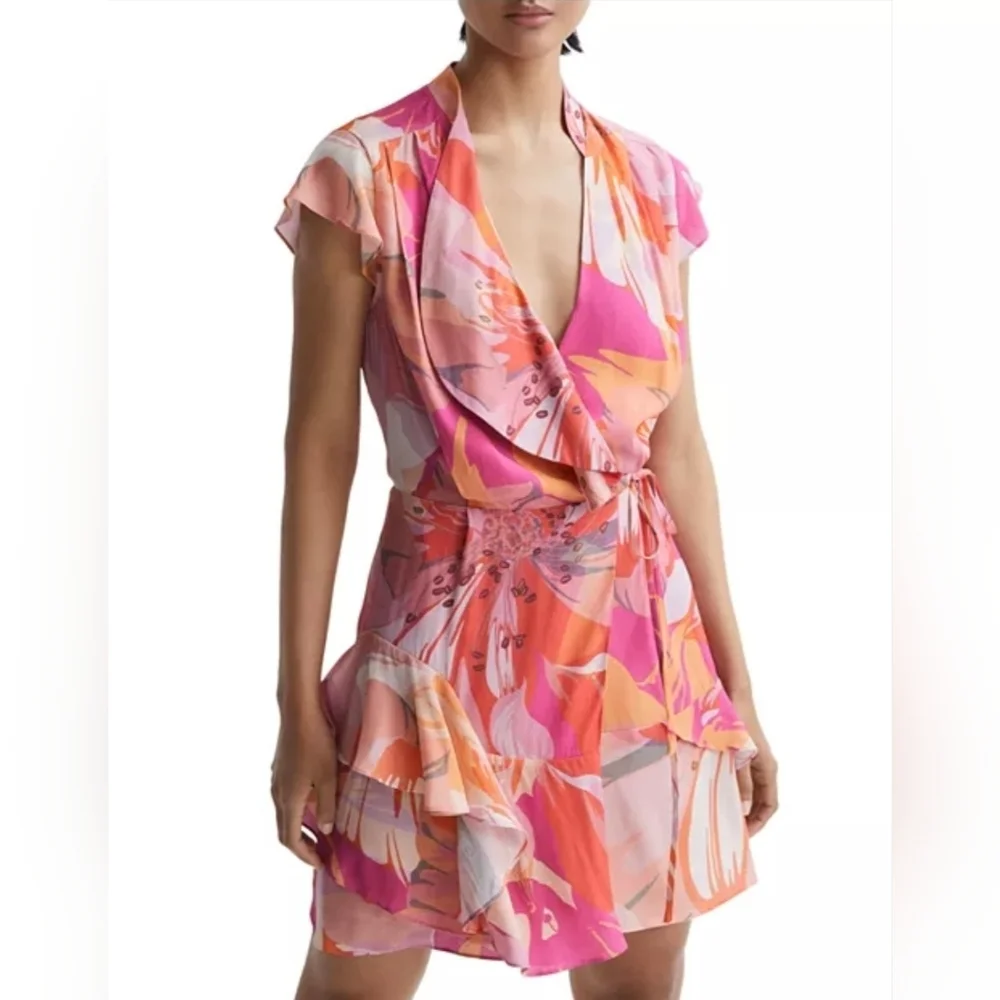 Reiss Marseille Floral Tropical Print Mini Wrap Dress NWT - Picture 2 of 9